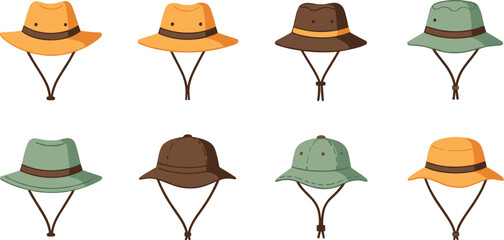 Outdoor safari and hiking hats vector illustration set with chin straps, casual adventure headwear, and colorful cartoon style © Sarmen Creative