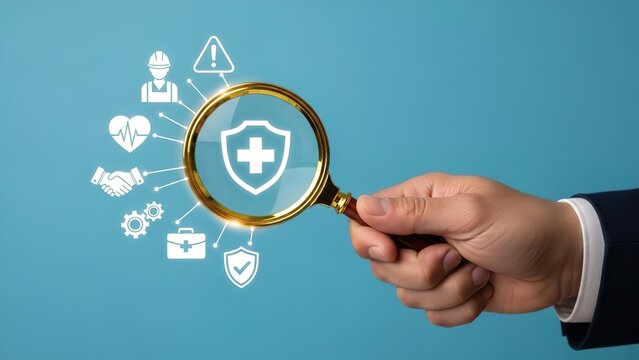 A hand holding a magnifying glass over a health protection shield icon, surrounded by various related symbols like worker safety, risk, medical, and business.