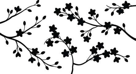 Cherry blossom branch silhouette vector, floral sakura design, black botanical illustration, spring decoration, asian nature clipart, elegant pattern © Sarjina's World