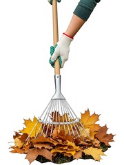 Hand Holding Rake with Autumn Leaves on White Background
