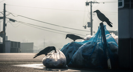 早朝の日本のゴミ集積所に集まるカラス