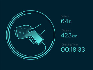 Electric Vehicle(EV) battery charging Dashboard User Interface with Holographic Hand holding Ev Charging Plug in Circular Progress Bar vector illustration design concept, Representing clean energy.