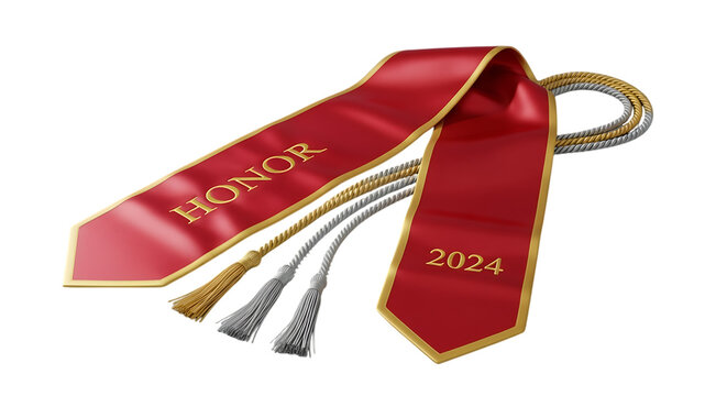 Red and gold honor stole featuring embossed graduation year 2024 text and matching braided honor cords with tassels for academic achievement recognition