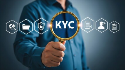 Person holding magnifying glass examining KYC concept with security and data icons.
