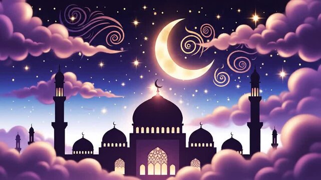 Islamic Mosque Silhouette Crescent Moon Starry Night Ramadan Background