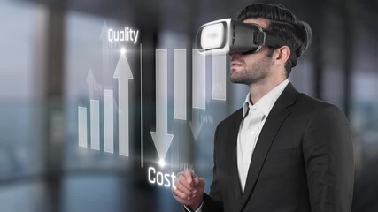 A businessman is using a virtual reality headset to analyze quality and cost data in a modern office setting, showcasing technology impact on business strategies. Raster