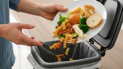 Discarding leftover food and pasta into the trash bin