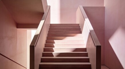 Modern minimalist staircase with warm pink tones and dramatic light and shadow.