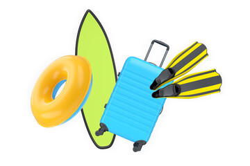 Set of surfboard, suitcase, flippers and inflatable ring isolated on white background. Concept of beach vacation essentials © Vasyl Onyskiv