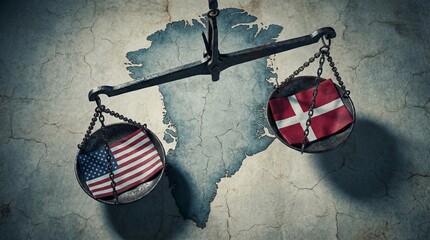 Obraz premium Balance scale with USA and Denmark flags over vintage Greenland map