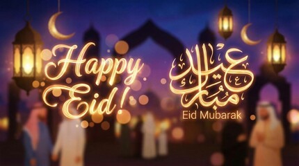 Eid Mubarak background .silhouette and geometric light effects. Arab Greetings
