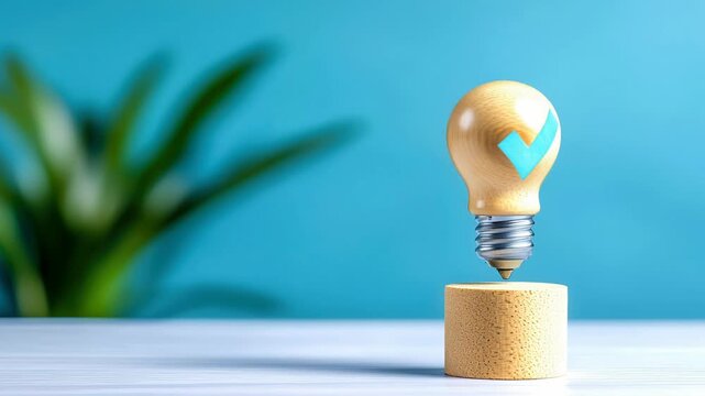 Wooden light bulb levitation on wooden base with blue background and blurred green plant, symbolizing creativity, innovation, and bright idea concept