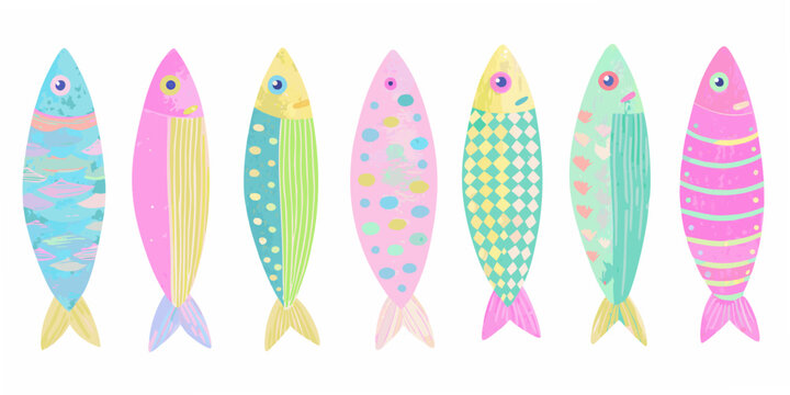Colorful stylized sardines arranged in a row showcasing vibrant patterns and designs