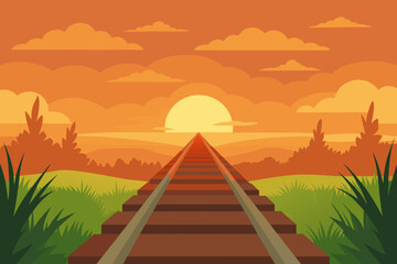 Minimal Railway Tracks Vector Illustration Sunset Landscape
