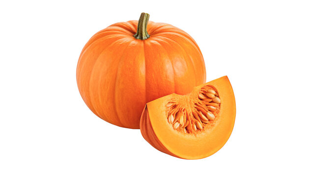 Pumpkin cut into slices showing bright orange flesh and seeds isolated on transparent background cut out