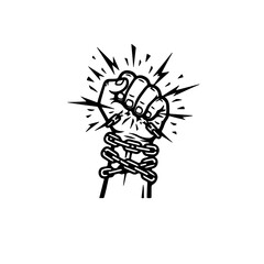 Obraz premium Two hands holding each other firmly while breaking shared chains. Black and white vector illustration representing unity, collective freedom, and teamwork