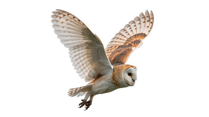 Fototapeta premium Barn owl flying in the sky with wings spread isolated on transparent background cut out