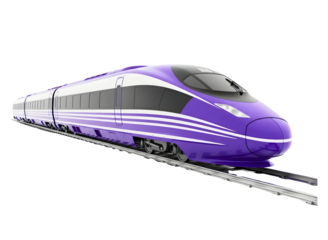Purple high speed train on tracks isolated on transparent background