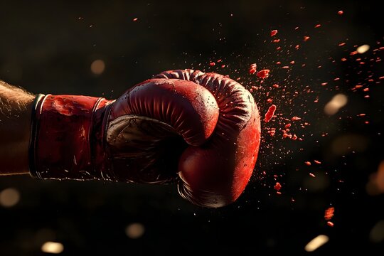 Boxhandschuh schl&auml;gt mit Kraft durch dunklen Raum
