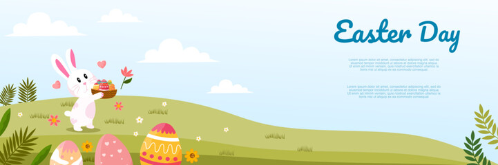 Obraz premium easter day banner with white bunny holding basket in green garden field