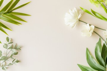 Fresh green spring decor elements arranged on a neutral background, featuring delicate white flowers and vibrant leaves, creating a serene atmosphere with ample copy space for design purposes