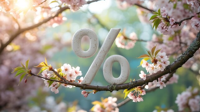 Spring sale discount symbol with white percent sign on blooming cherry blossom branch in soft natural sunlight background