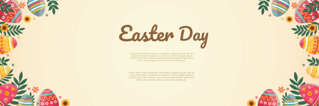 elegant easter day banner with floral border and decorated eggs on corners