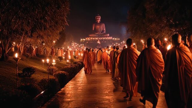 Nighttime Vesak Celebrations with Buddha Statue, Candlelit Procession, and Traditional Rituals During Buddha Purnima Festival