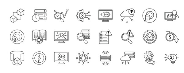 Digital twins icon set flat style collection. Containing virtual model, real time data, predictive analytics, asset management, system simulation, iot integration and more.
