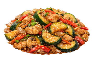 Chicken stir-fry bowl with zucchini, mushrooms, bell peppers, and sesame seeds on transparent background
