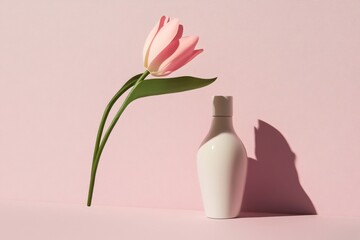 Spring product displayed alongside a delicate pink tulip on a soft pink background, featuring minimal props and ample copy space for branding or messaging in a clean, modern aesthetic