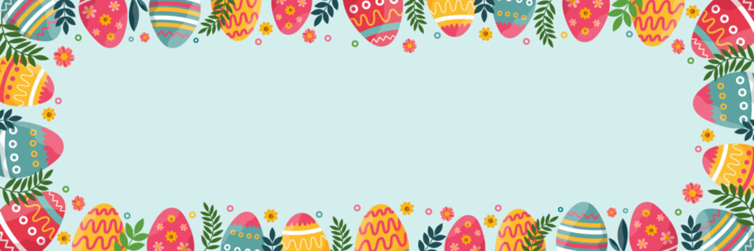colorful easter egg border frame with floral ornaments on light blue background