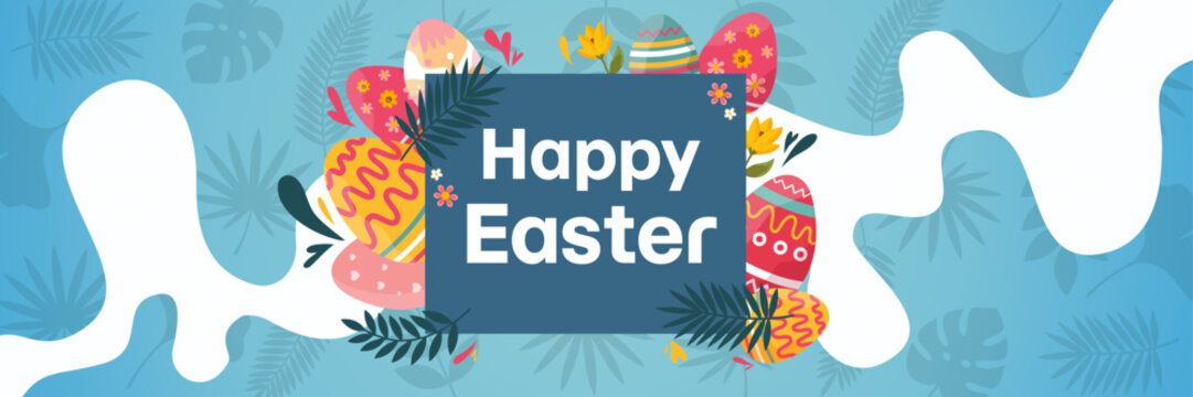 happy easter greeting banner with abstract blue shapes and colorful painted eggs
