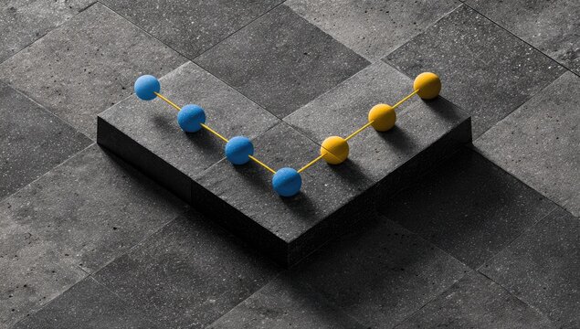 Isometric view showcasing a geometric composition of spheres connected by lines on a block