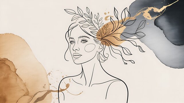 Elegant line art woman portrait with botanical elements and abstract watercolor textures expressing beauty, grace and femininity