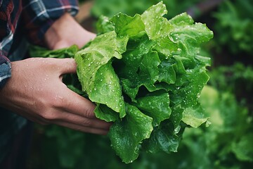 Hands holding a fresh bunch of leafy greens with water droplets, showcasing vibrant textures and natural freshness in a lush garden setting