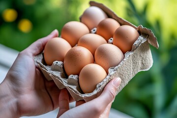 Hands holding a carton of farm-fresh eggs with natural packaging, showcasing the organic quality and vibrant colors of the eggs in a lush outdoor setting