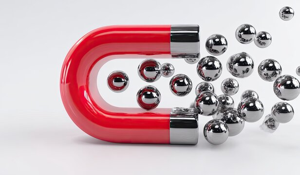 A horseshoe-shaped electromagnet attracting shiny metal spheres in a stark white background