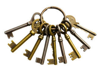 Bunch of antique skeleton keys isolated on transparent background