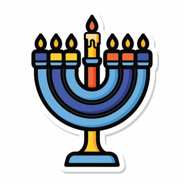 A colorful, cartoonish menorah with seven candles