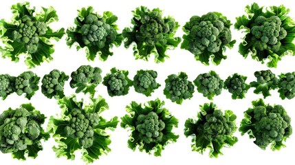 Fresh broccoli heads arranged in rows on white background