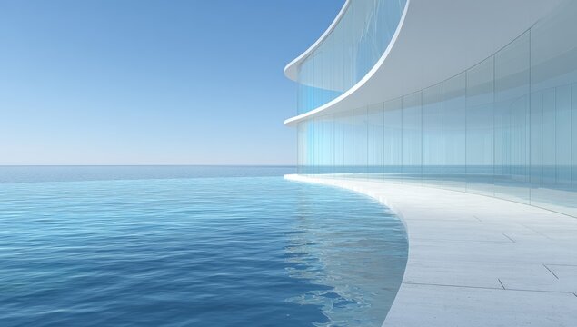 Modern architectural structure beside a seamless infinity pool, ocean view, blue sky backdrop