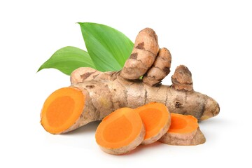 Fresh raw turmeric root with slices and green leaves isolated on a white background, healthy herbal spice and superfood.