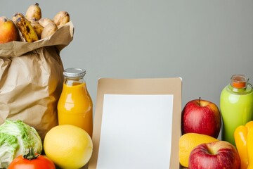 Grocery items including fruits, vegetables, and juice arranged next to a blank paper list with copy space for notes and planning meals