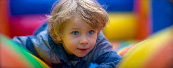 Child boy blonde blue eye jacket outdoor playground colorful bounce house fun child boy blonde blue eye jacket outdoor playground colorful bounce
