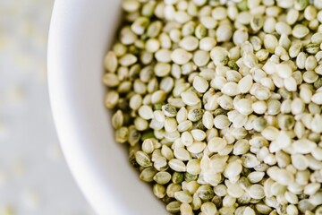 Hemp seeds in a white bowl showcasing soft neutral tones and fine textures, perfect for plant-based recipes and healthy living concepts with copy space