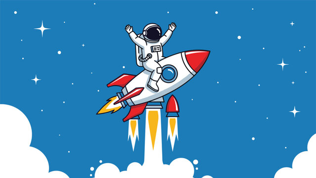 Friendly cartoon astronaut waving while riding on a white and red rocket ship through deep space filled with bright stars.