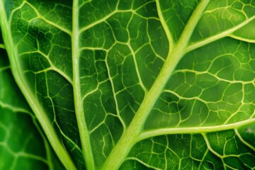 Close-up of leafy green vegetable showcasing intricate veins and surface texture, highlighting the beauty of plant life and natural design elements