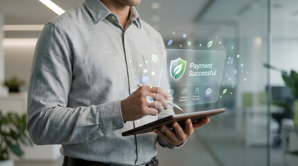 Business man using tablet to confirm eco-friendly payment with digital security shield
