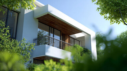 Naklejka premium Modern balcony contemporary architecture minimalist house green foliage sunlight exterior wall glass window metal railing wood ceiling residential